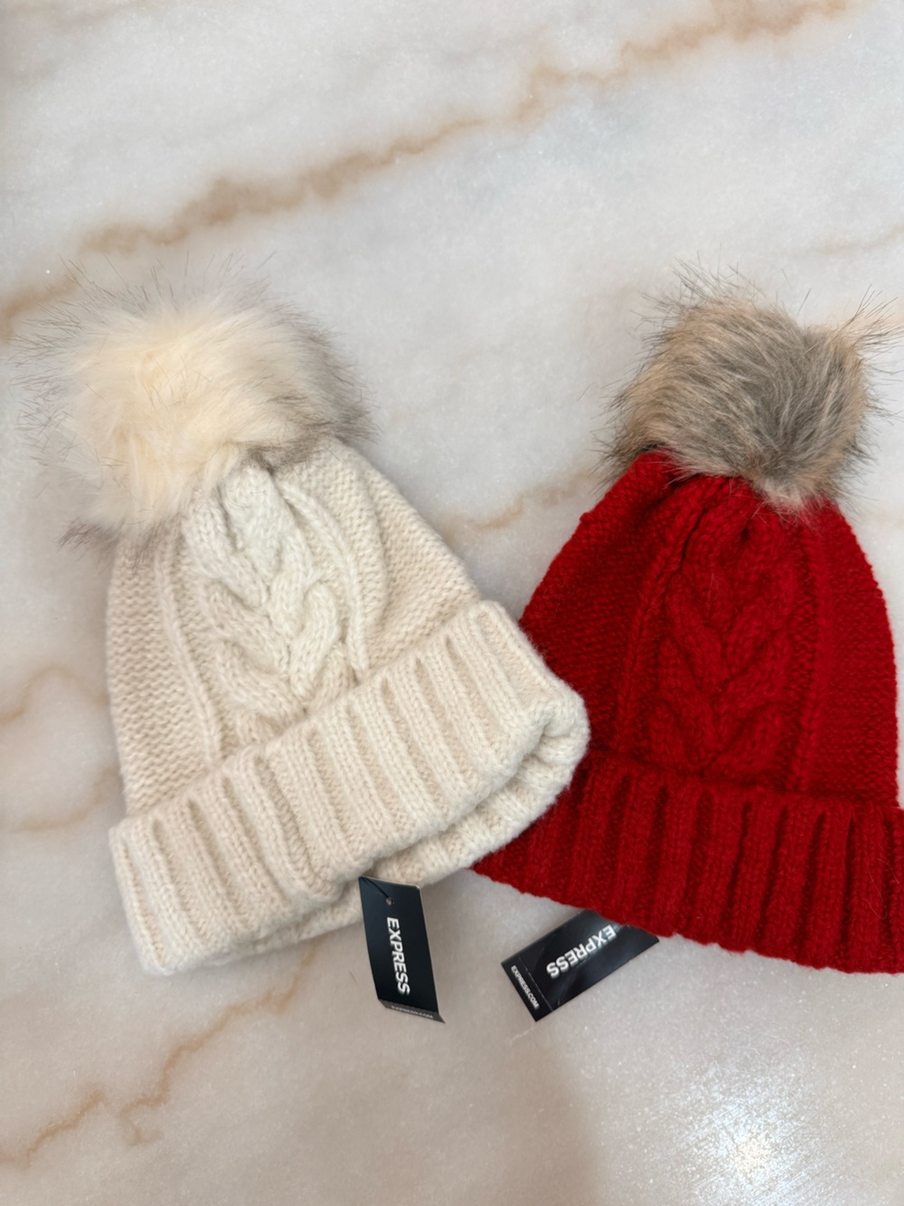Express Kids Cable Knit Pom Beanies - Ivory and Red